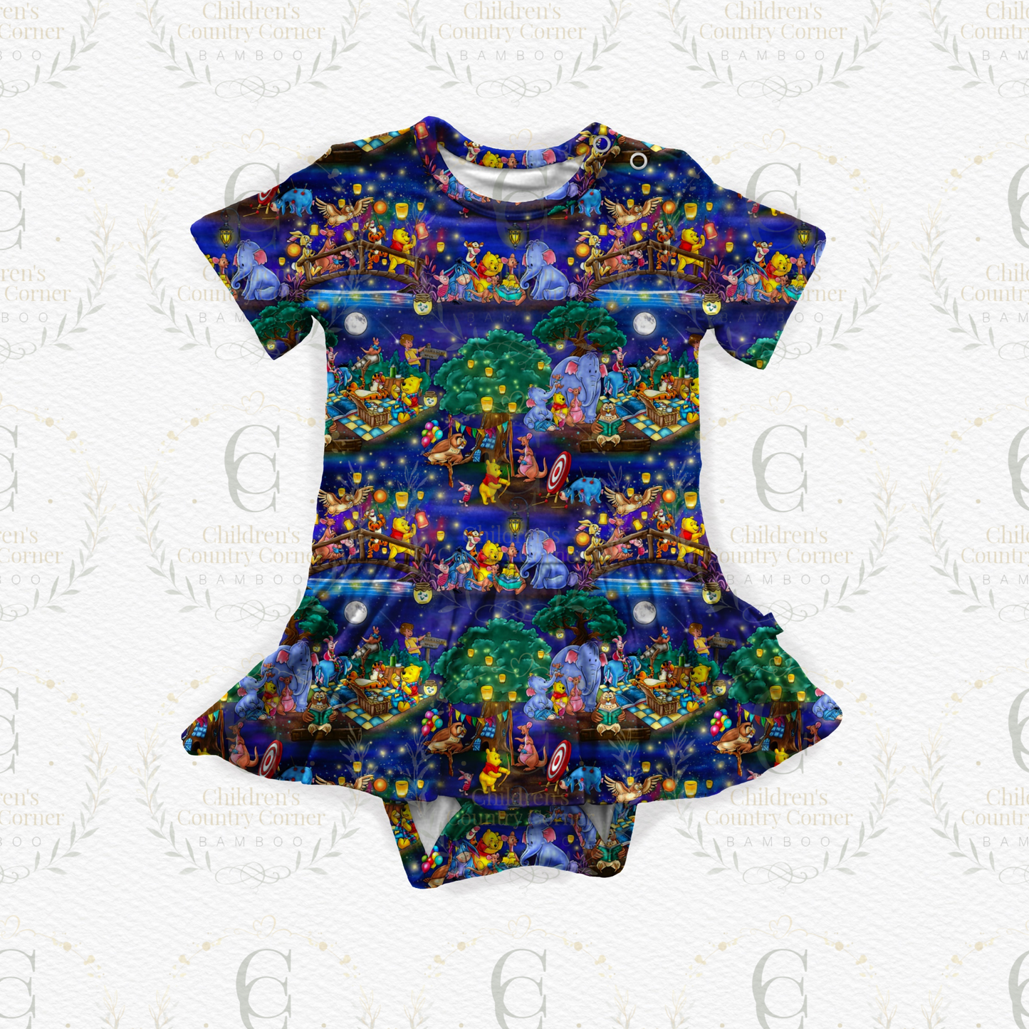RTS: Honey Bear Short Sleeve Body Suit Twirl Dress