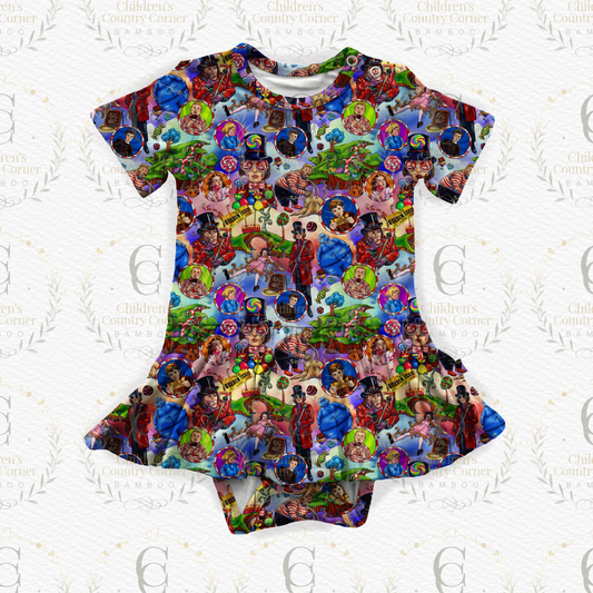 RTS:Golden Chocolate Parks Short Sleeve Body Suit Twirl Dress