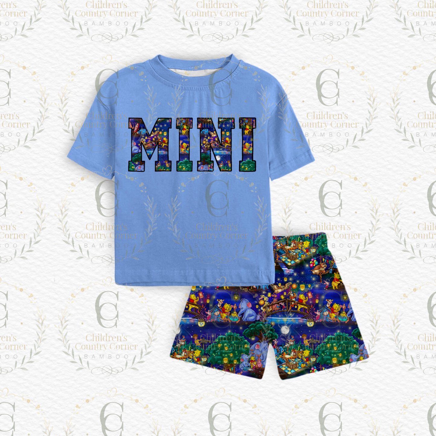 RTS: Honey Bear” French Terry MINI Tee & Joggers Style Shorts Daywear