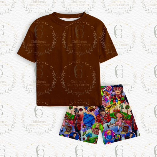 RTS:Golden Chocolate Solid shirt with printed French Terry shorts