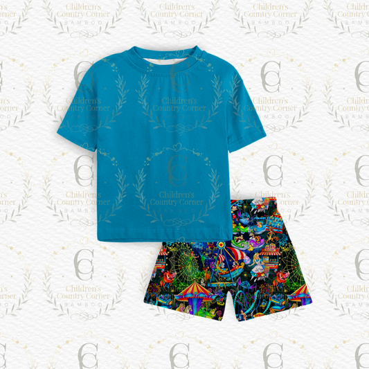RTS:Light up Parks Solid shirt with printed French Terry shorts